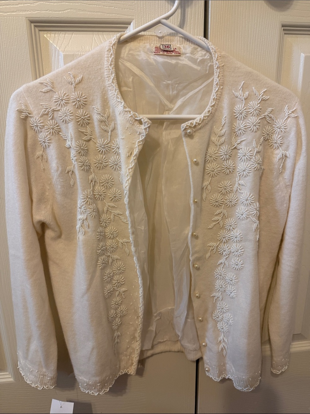 Delicate Cream Embroidered Pearl-Button Cardigan